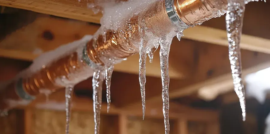 A frozen pipe with icicles that split and leaked in a Big Lake, MN home