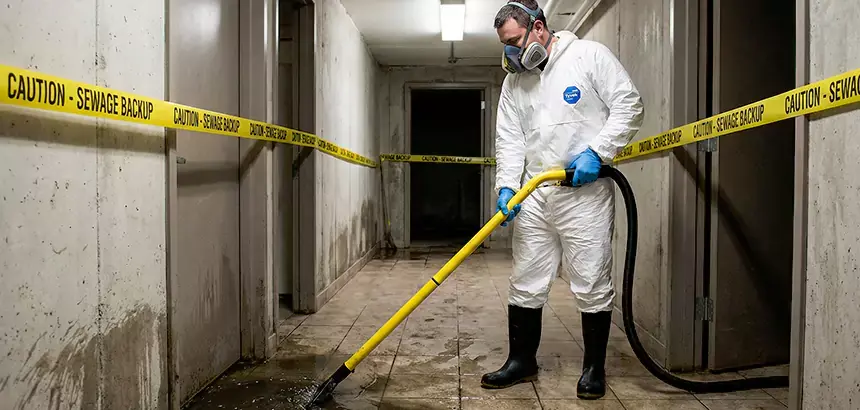 Technician in protective gear cleaning a sewage backup in Big Lake, MN