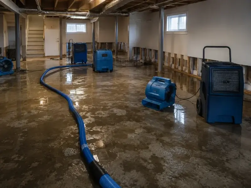 Air movers and dehumidifiers drying a Big Lake, MN basement