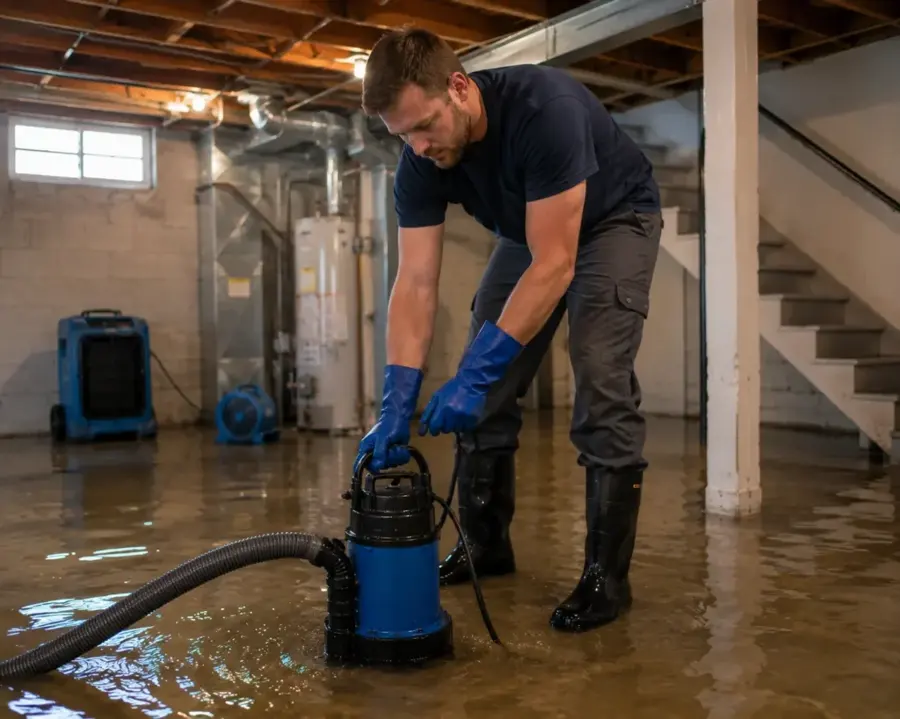 Technician pulling a failed sump pump from a flooded Big Lake, MN basement