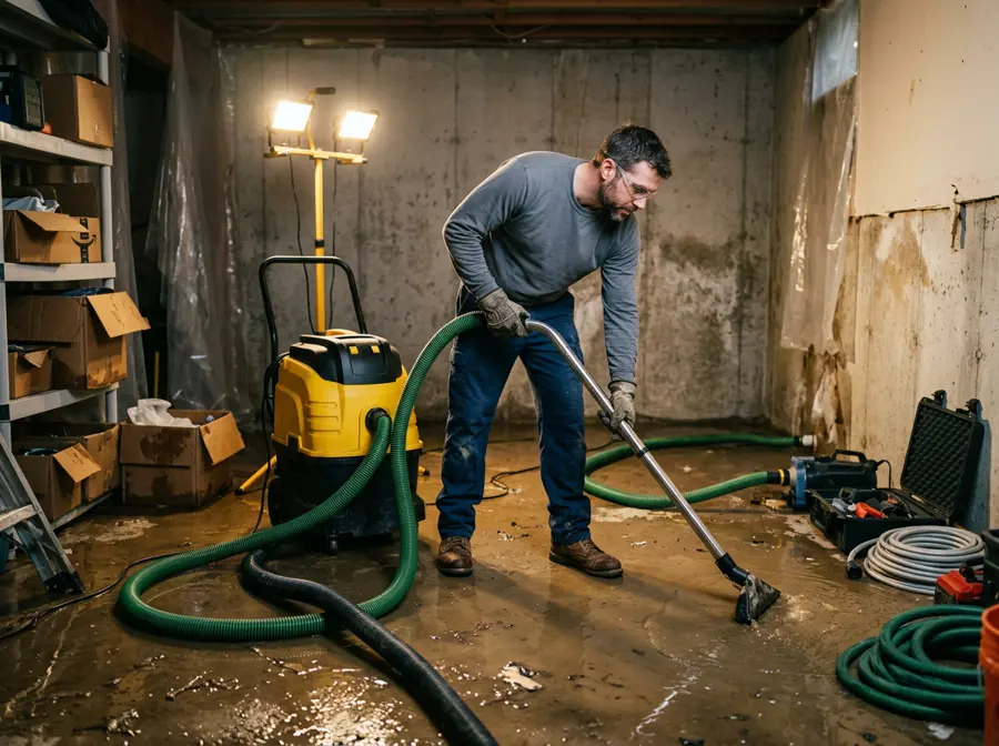 Technician extracting standing water from a flooded Big Lake, MN basement