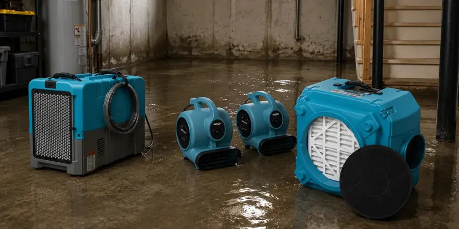 Flooded utility area from a failed water heater in a Big Lake, MN basement
